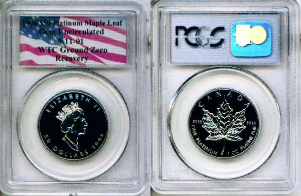 1996 PLATINUM CANADA $50 MAPLE LEAF PCGS GEM UNC WTC GROUND ZERO