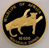 1996 GOLD ZAIRE 10,000 NOUVEAUX ZAIRES 5 OZ LEOPARD NGC PROOF 68 ULTRA CAMEO WILDLIFE OF AFRICA ONLY 99 MINTED  