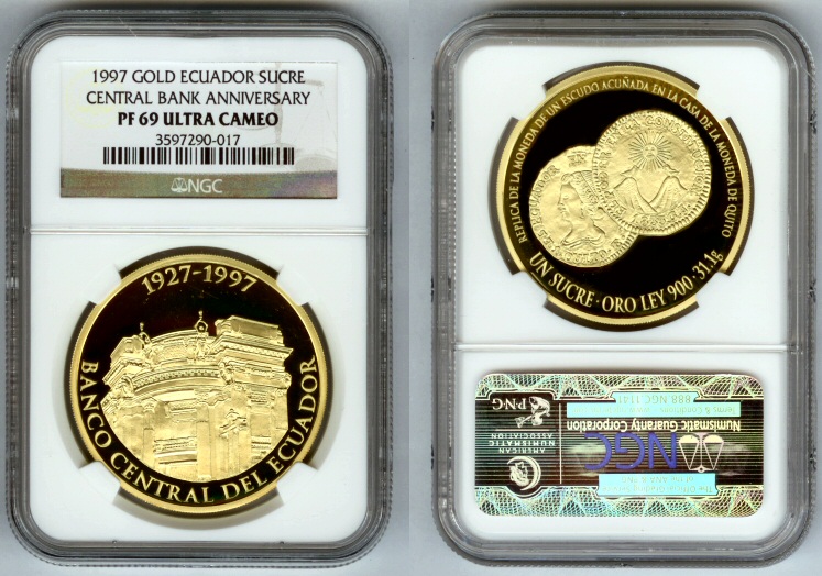 1997 GOLD ECUADOR 1 SUCRE NGC PROOF 69 ULTRA CAMEO "CENTRAL BANK" ONLY 2,000 MINTED