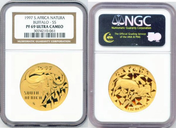 1997 SS GOLD SOUTH AFRICA 1 OZ NATURA NGC PROOF 69 ULTRA CAMEO ONLY 220 MINTED "NATURA BIG FIVE WILDLIFE SERIES - AFRICAN BUFFALO"