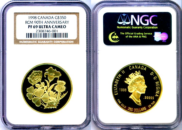1998 GOLD CANADA $350 NGC PROOF 69 ULTRA CAMEO ONLY 664 MINTED "FLOWERS OF CANADA SERIES - FOUR FLOWERS OF CANADA'S FOUR FOUNDING NATIONS"
