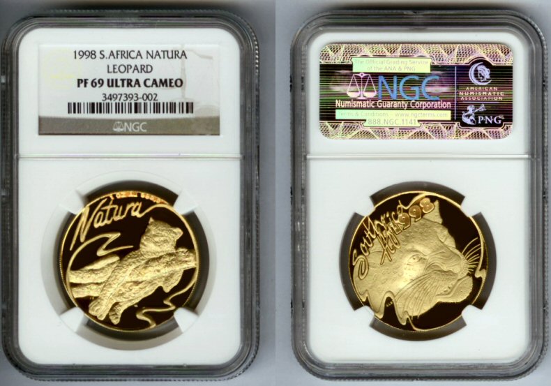 1998 GOLD SOUTH AFRICA 1 OZ NATURA NGC PROOF 69 ULTRA CAMEO ONLY 2,645 MINTED "NATURA WILDLIFE BIG FIVE SERIES - THE LEOPARD"