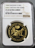 1998 GOLD TANZANIA 10,000 SHILINGI NGC PROOF 69 ULTRA CAMEO LION, CHEETAH AND ZEBRA 1000 MINTED