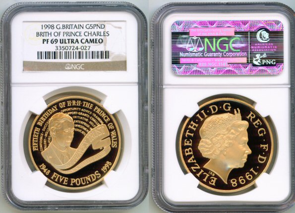 1998 GOLD GREAT BRITAIN 5 POUND CHARLES NGC PROOF 69 ULTRA CAMEO ONLY 773 MINTED