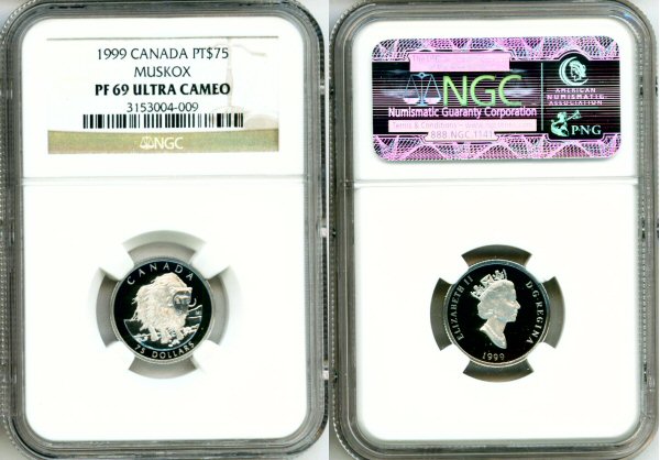 1999 PLATINUM CANADA $75 NGC PROOF 69 ULTRA CAMEO "WILDLIFE SERIE MUSKOX" ONLY 495 MINTED