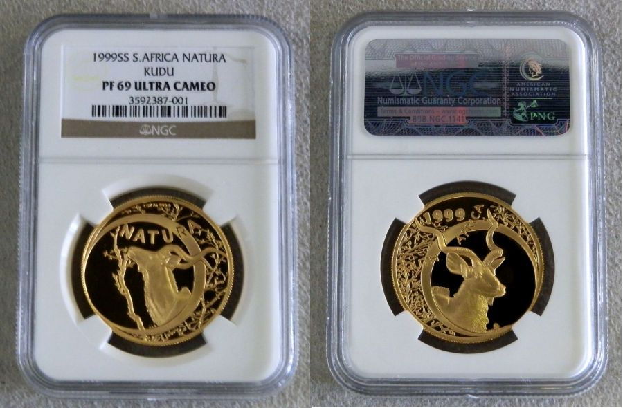 1999 SS GOLD SOUTH AFRICA 1 OZ NATURA NGC PROOF 69 ULTRA CAMEO  ONLY 247 MINTED "MONARCHS OF AFRICA NATURA SERIES - KUDU, "KING OF THE ANTELOPE" 