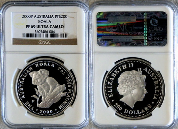 2000 PERTH MINT PLATINUM AUSTRALIA $200 COIN NGC PROOF 69 ULTRA CAMEO "KOALA 2 OZ"  ONLY 202 MINTED