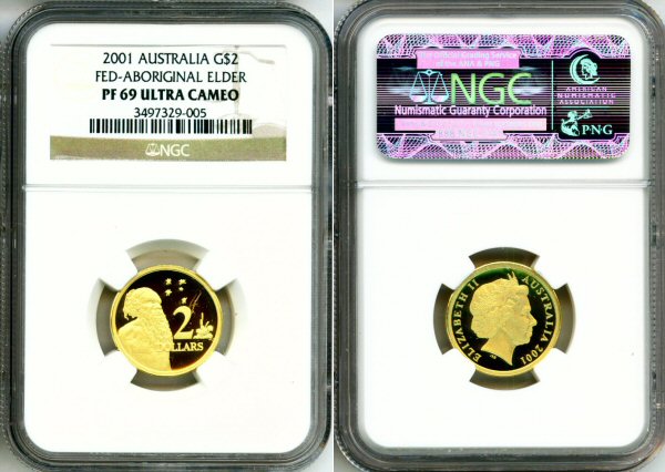 2001 PERTH MINT GOLD AUSTRALIA $2 COIN NGC PROOF 69 ULTRA CAMEO ONLY 350 MINTED  "ABORIGINAL"