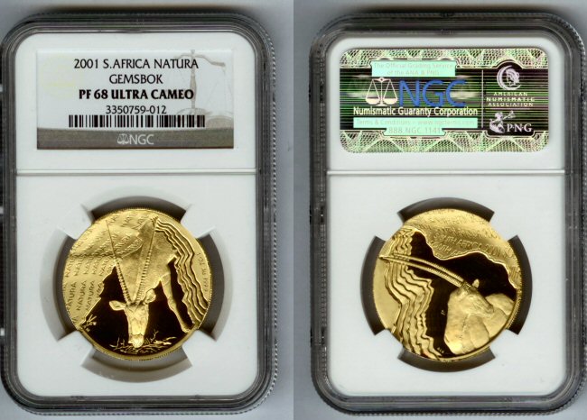 2001 GOLD SOUTH AFRICA 1 OZ NGC PROOF 68 ULTRA CAMEO ONLY 491 MINTED "MONARCHS OF AFRICA NATURA SERIES THE ORYX (GEMSBOK)" PRINCE OF THE KALAHARI,