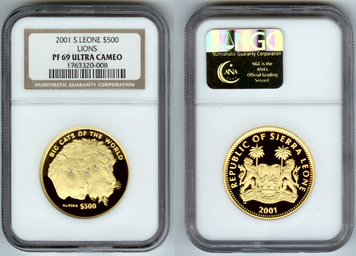 2001 GOLD SIERRA LEONE $500 LIONS NGC PROOF 69 ULTRA CAMEO DIAMOND EYE'S ONLY 200 MINTED