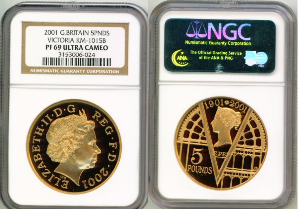 2001 GOLD GREAT BRITAIN 5 POUND COIN NGC PROOF 69 ULTRA CAMEO 1,000 MINTED "CENTENNIAL OF QUEEN VICTORIA"