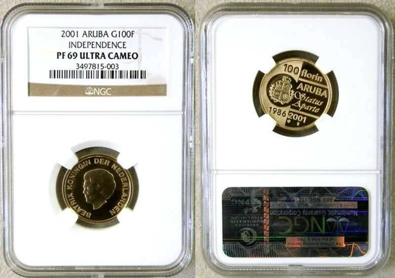 2001 GOLD ARUBA 100 FLORINS NGC PROOF 69 ULTRA CAMEO "INDEPENDENCE" ONLY 1,000 MINTED