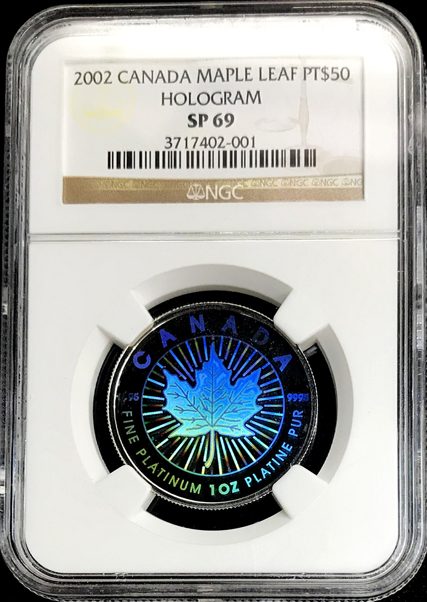 2002 PLATINUM CANADA $50 MAPLE LEAF NGC  SPECIMEN PROOF 69 "MAPLE LEAF HOLOGRAM" ONLY 500 MINTED