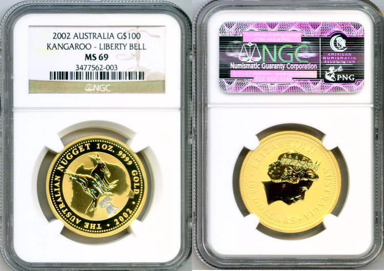 2002 GOLD AUSTRALIA  KANGAROO NGC MINT STATE 69 "LIBERTY BELL" ONLY 499 MINTED