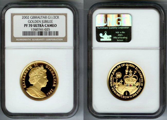 2002 GOLD GIBRALTAR 1/2 CROWN NGC PERFECT PROOF 70 ULTRA CAMEO "GOLDEN JUBILEE"