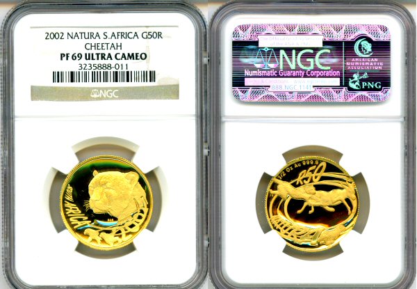 2002 GOLD SOUTH AFRICA 50 RAND NGC PROOF 69 ULTRA CAMEO  ONLY 1500 MINTED "WILD CATS OF AFRICA NATURA SERIES-THE CHEETAH"
