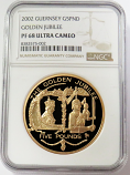 2002 GOLD GUERNSEY 5 POUNDS PIEDFORT GOLDEN JUBILEE NGC PROOF 68 UC 100 MINTED