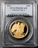 2002 GOLD LIBERIA $100 GAUDENS WINGED LIBERTY PCGS PROOF 69 DCAM 250 MINTED