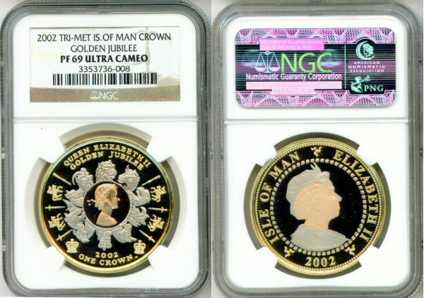 2002 GOLD ISLE OF MAN 1 CROWN TRI-COLOR  NGC PROOF 69 ULTRA CAMEO ONLY 999 MINTED "GOLDEN JUBILEE"