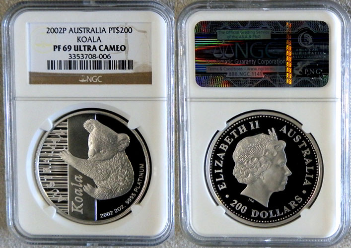 2002 PERTH MINT PLATINUM AUSTRALIA $200 KOALA 2 OZ NGC PROOF 69 ULTRA CAMEO ONLY 117 MINTED