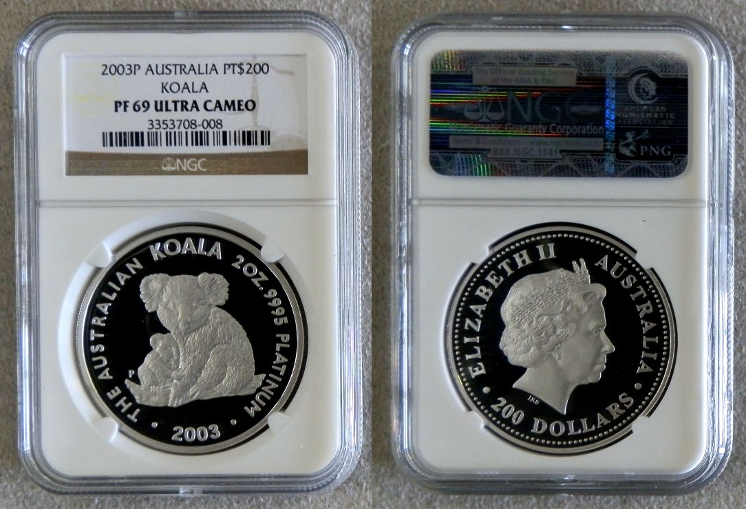 2003 PERTH MINT PLATINUM AUSTRALIA $200 KOALA 2 OZ NGC PROOF 69 ULTRA CAMEO ONLY 65 MINTED