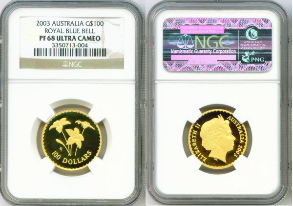 2003 GOLD AUSTRALIA $100 NGC PROOF 68 ULTRA CAMEO "ROYAL BLUE BELL" ONLY 1383 MINTED