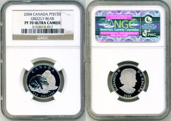2004 PLATINUM CANADA $150 NGC PERFECT PROOF 70 ULTRA CAMEO "WILD LIFE SERIES GRIZZLY BEARS" ONLY 380 MINTED