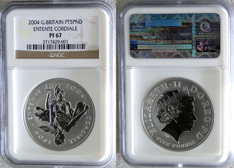 2004 PLATINUM GREAT BRITAIN 5 POUND 3 OZ NGC PROOF 67 PIEDFORT ONLY 501 MINTED 
