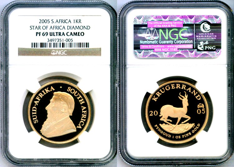 2005 GOLD SOUTH AFRICA KRUGERRAND NGC PROOF 69 ULTRA CAMEO ONLY 500 MINTED STAR OF AFRICA