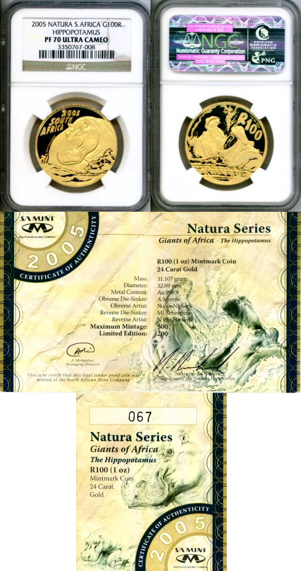 2005 GOLD SOUTH AFRICA 100 R NATURA NGC PERFECT PROOF 70 ULTRA CAMEO HIPPO 500 MINTED "NATURA WILDLIFE GIANTS OF AFRICA SERIES-THE HIPPOPOTAMUS"