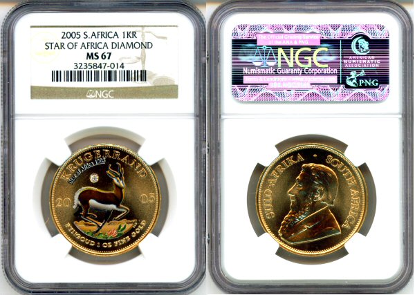 2005 GOLD SOUTH AFRICA 1 OZ  NGC MINT STATE 67 ONLY 500 MINTED "STAR OF AFRICA DIAMOND KRUGERRAND