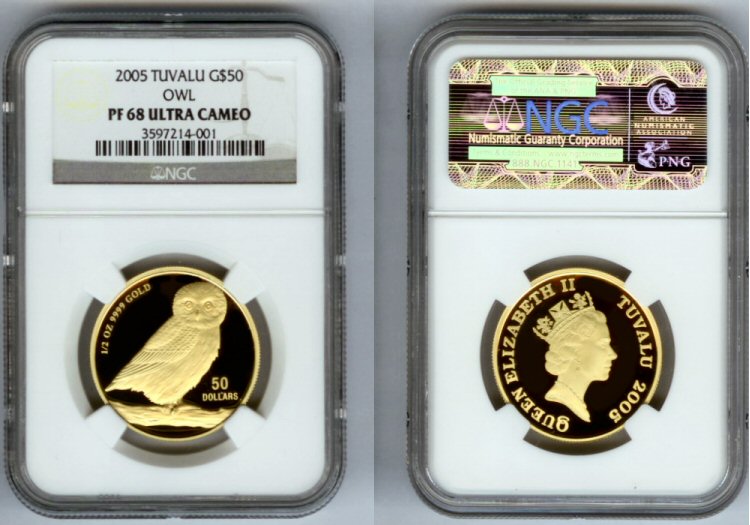 2005 GOLD TUVALU $50 OWL NGC PROOF 68 ULTRA CAMEO