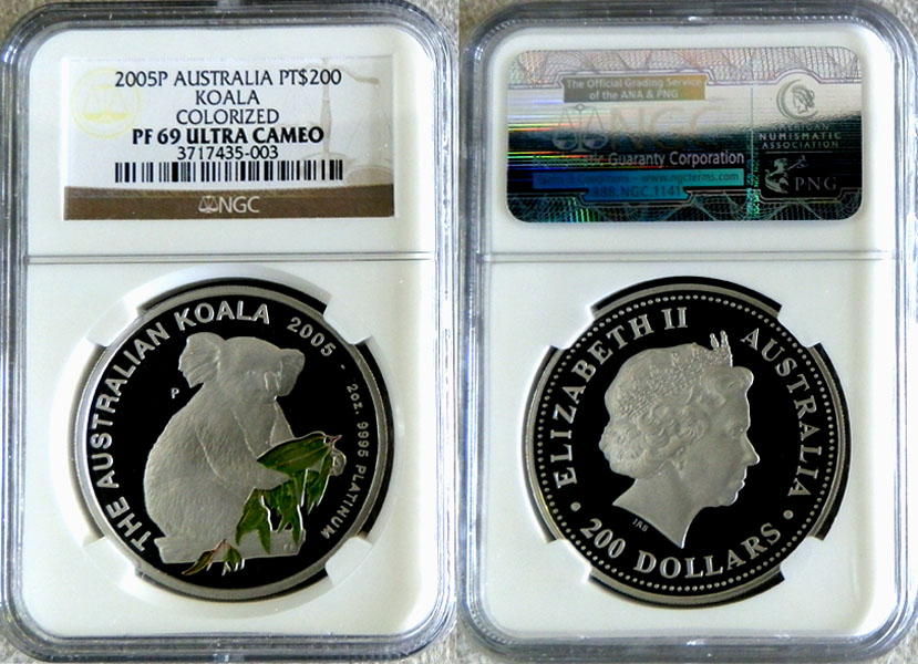 2005 PERTH MINT PLATINUM AUSTRALIA $200 KOALA NGC PROOF 69 ULTRA CAMEO "2 OZ KOALA COLORIZED" ONLY 91 MINTED 