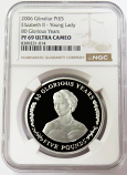 2006 PLATINUM GIBRALTAR 5 POUNDS QUEENS BIRTHDAY AS YOUNG LADY 80 GLORIOUS YEARS NGC PROOF 69 ULTRA CAMEO ONLY 25 MINTED