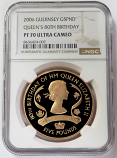 2006 GOLD GUERNSEY 5 POUNDS NGC PROOF 70 ULTRA CAMEO QUEEN'S 80TH BIRTHDAY