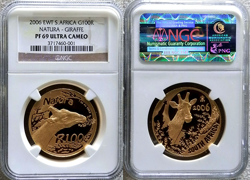 2006 GOLD SOUTH AFRICA 100 RAND EWT GIRAFFE NGC PROOF 69 ULTRA CAMEO ENDANGERED WILDLIFE TRUST (EWT) LIONS PAW PRINT PRIVY MARK  NATURA WILDLIFE GIANTS OF AFRICA SERIES GIRAFFE ONLY 282 MINTED 