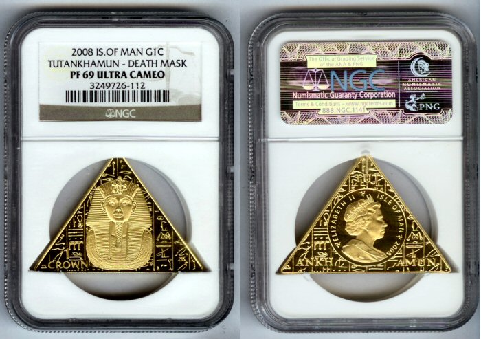 2008 GOLD ISLE OF MAN 1 OZ PYRAMID SHAPE COIN NGC PROOF 69 ULTRA CAMEO "KING TUT DEATH MASK" ONLY 999 MINTED