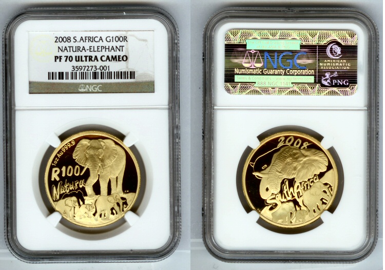 2008 GOLD SOUTH AFRICA 100 R ELEPHANT NGC PROOF 70 ULTRA CAMEO