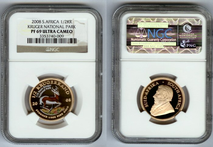 2008 GOLD SOUTH AFRICA 1/2 KR NGC PROOF 69 ULTRA CAMEO "COLORIZED - KRUGER NATIONAL PARK ONLY 200 MINTED"