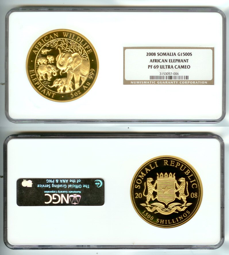 2008 GOLD SOMALIA 1,500 SHILLINGS 5 OZS NGC PROOF 69 ULTRA CAMEO "ELEPHANT's"  ONLY 99 MINTED