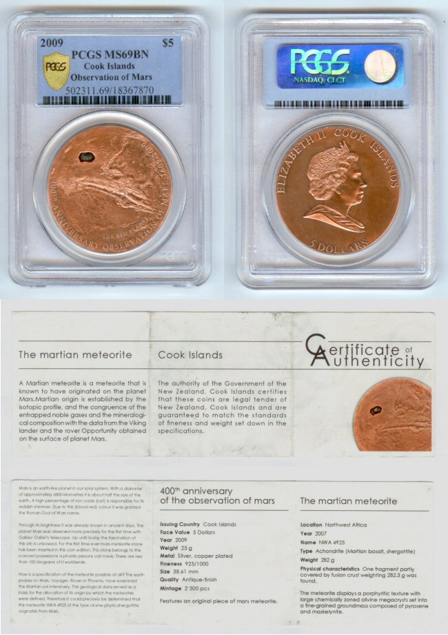 2009 COPPER ON SILVER COOK ISLANDS $5 PCGS MINT STATE 69 "MARS METEORITE"