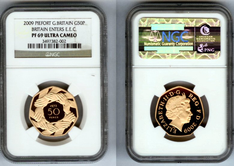 2009 GOLD GREAT BRITAIN PIEFORT NGC PROOF 69 ULTRA CAMEO "BRITAIN ENTERS EUROPEAN UNION" ONLY 40 COINS MINTED