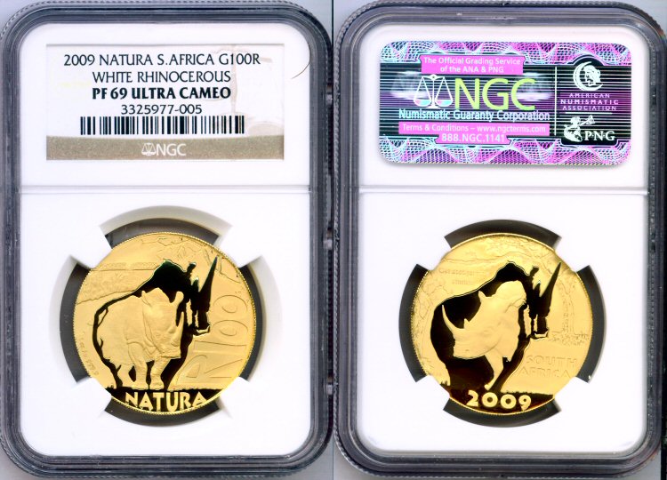 2009 GOLD SOUTH AFRICA 100 RAND NATURA WHITE RHINO NGC PROOF 69 ULTRA CAMEO "SAFARI THROUGH SOUTH AFRICA" NATURA SERIES - THE WHITE RHINOCEROS" ,ONLY 1,500 MINTED