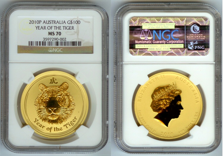 2010 PERTH MINT GOLD AUSTRALIA $100 COIN NGC PERFECT MINT STATE 70 "LUNAR YEAR OF THE TIGER"