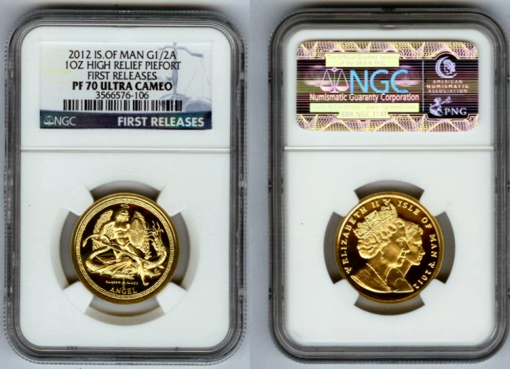 2012 GOLD ISLE OF MAN  ANGEL "HIGH RELIEF PIEFORT" NGC PERFECT PROOF 70 ULTRA CAMEO FIRST RELEASE