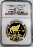 2012 GOLD SOUTH AFRICA 100 RAND PAWPRINT PRIVY NATURA AFRICAN WOLF NGC PROOF 70 UC 142 MINTED 