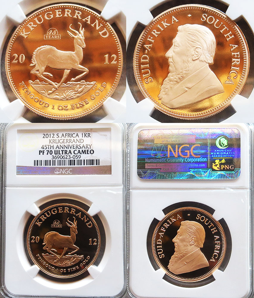 2012 GOLD SOUTH AFRICA 1 OZ KRUGERRAND NGC PERFECT PROOF 70 ULTRA CAMEO ONLY 600 MINTED "45th ANNIVERSARY OF THE KRUGERRAND  LASER ENGRAVED PRIVY MARK