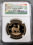 2014 GOLD SOUTH AFRICA "20 YEARS OF DEMOCRACY" KRUGERRAND NGC PROOF 70 ULTRA CAMEO "ONLY 500 MINTED" 