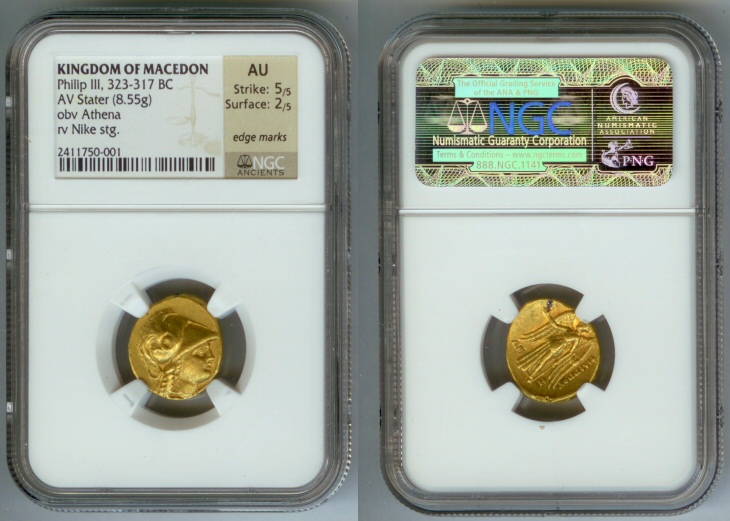 323 - 317 BC GOLD MACEDON STATER NGC AU PHILLIP III