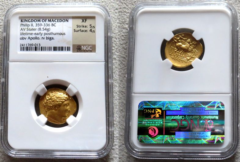 359 - 336 BC GOLD MACEDON STATER PHILIP II NGC EXTRA FINE 5/5